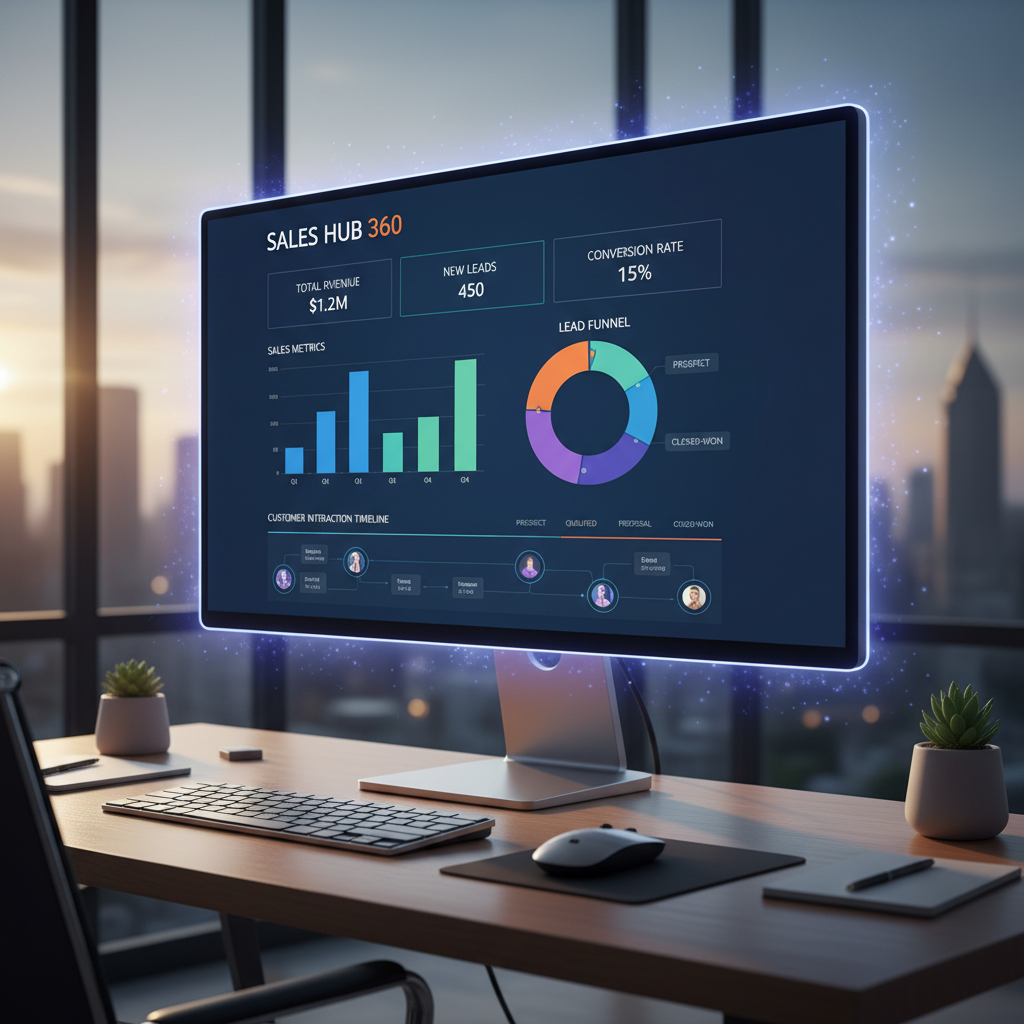 A vibrant and intuitive CRM dashboard displaying various sales metrics, lead funnels, and customer interaction timelines. The interface is clean, modern, and easy to understand, showing data visualizations like charts and graphs. The overall feel is professional and efficient, with a subtle glow representing data flow.