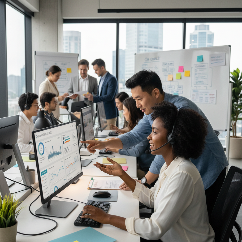 A diverse team of sales and customer support professionals collaborating seamlessly in a modern, open-plan office. One person is shown interacting with a client on a headset while simultaneously viewing a CRM interface on their monitor, indicating efficient multi-tasking and access to customer data. The atmosphere is productive and customer-focused.
