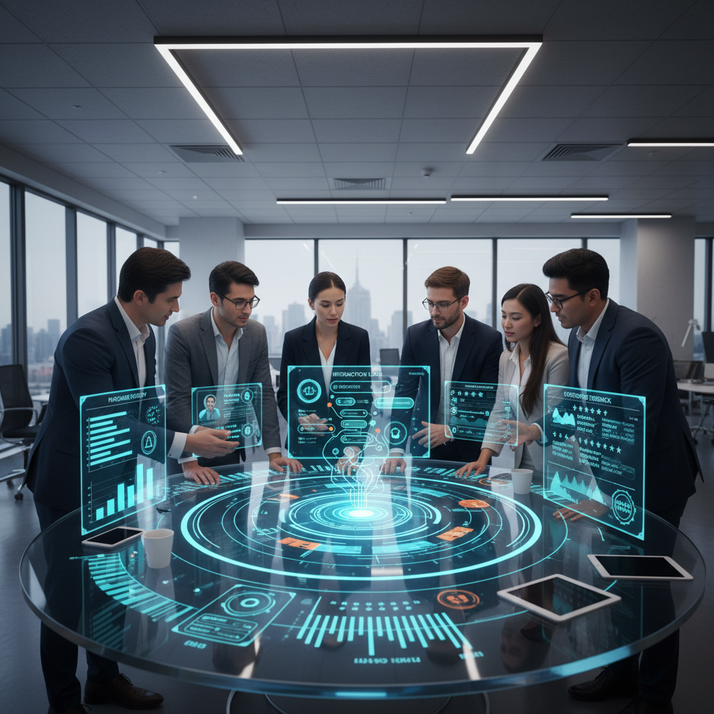 A diverse team of professionals collaborating around a large, futuristic digital dashboard displaying various customer data points, including purchase history, interaction logs, and customer feedback. The dashboard shows vibrant graphs and customer profiles, emphasizing an organized and data-driven approach to customer relationship management. The scene is bright and modern, suggesting efficiency and innovation. Photorealistic style.