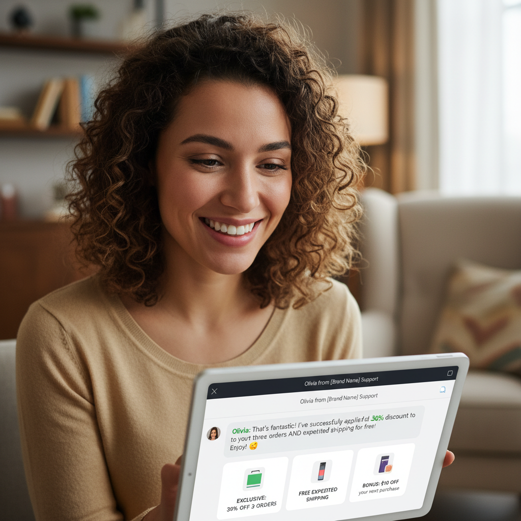 A close-up, high-definition shot of a happy customer smiling while looking at a tablet or laptop screen, with a digital chat window open showing a positive interaction with a customer service representative. On the screen, there are clear, personalized offers or a successful resolution message. The background is slightly blurred to keep focus on the customer and screen, conveying a sense of satisfaction and trust with the brand. Photorealistic style.