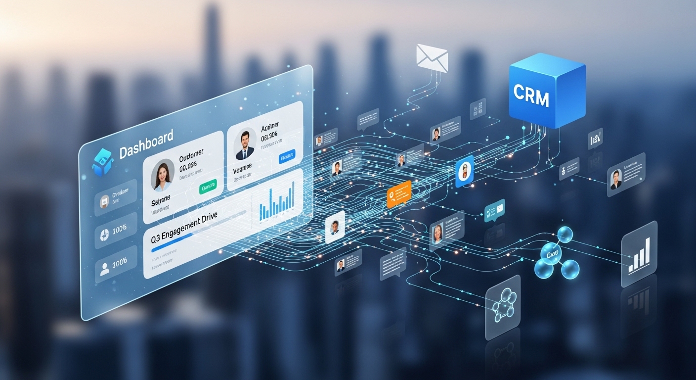 A detailed, photorealistic illustration of a complex digital ecosystem showing data flowing between a CRM system icon and various marketing automation tools (email, social media, analytics). The central focus should be a simplified dashboard displaying customer profiles and automated campaign progress. The overall aesthetic should be modern, clean, and represent efficiency.