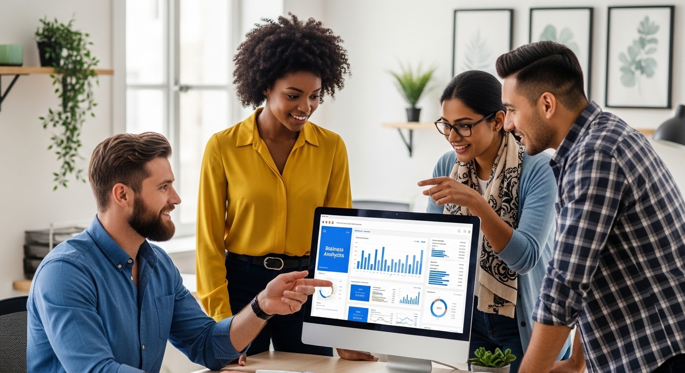A photorealistic image of a diverse, smiling small business team collaborating around a computer screen, reviewing analytics and customer data displayed on a dashboard. They are in a modern, well-lit office environment, conveying teamwork and positive results from using integrated business tools.