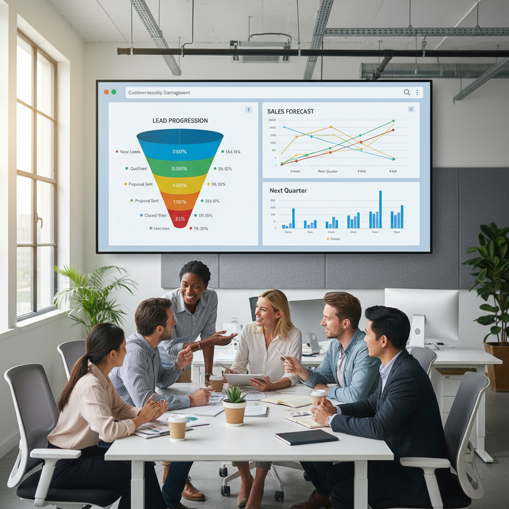 A diverse sales team collaborating around a large monitor displaying a CRM dashboard with colorful charts and graphs, showing lead progression and sales forecasts in a modern, brightly lit office environment, photorealistic