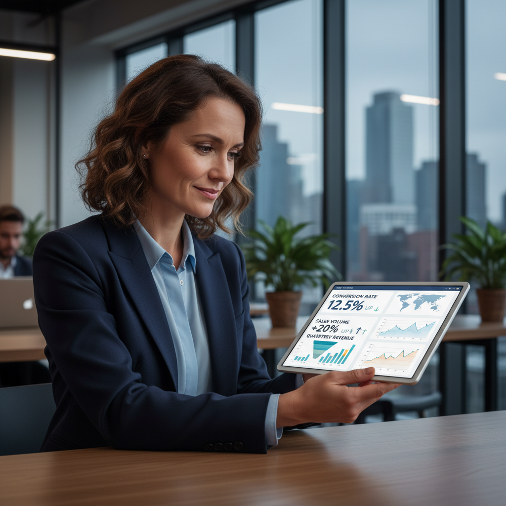 A sales manager looking at a tablet displaying a CRM analytics dashboard, showing key performance indicators (KPIs) like conversion rates and sales volume, with a satisfied and thoughtful expression, in a modern office setting, photorealistic