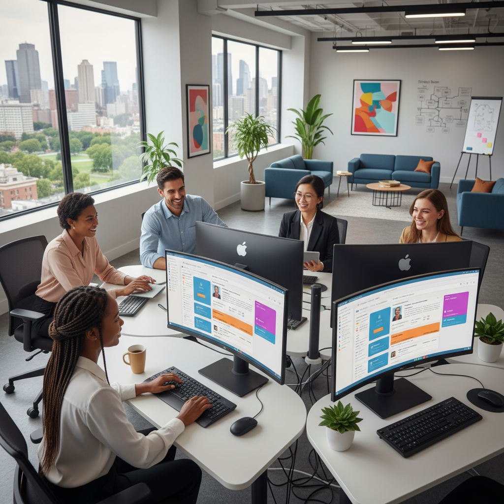 A diverse team of customer support agents smiling and collaboratively working in a modern, brightly lit office environment, each at their computer screen displaying a CRM interface with customer data. The image should convey efficiency and teamwork, photorealistic style.