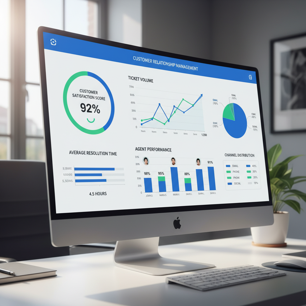 A detailed dashboard on a computer screen displaying various CRM analytics, including customer satisfaction scores, resolution times, agent performance, and ticket volume, with clear, easy-to-understand graphs and charts. The screen is in a modern office setting, photorealistic and professional.