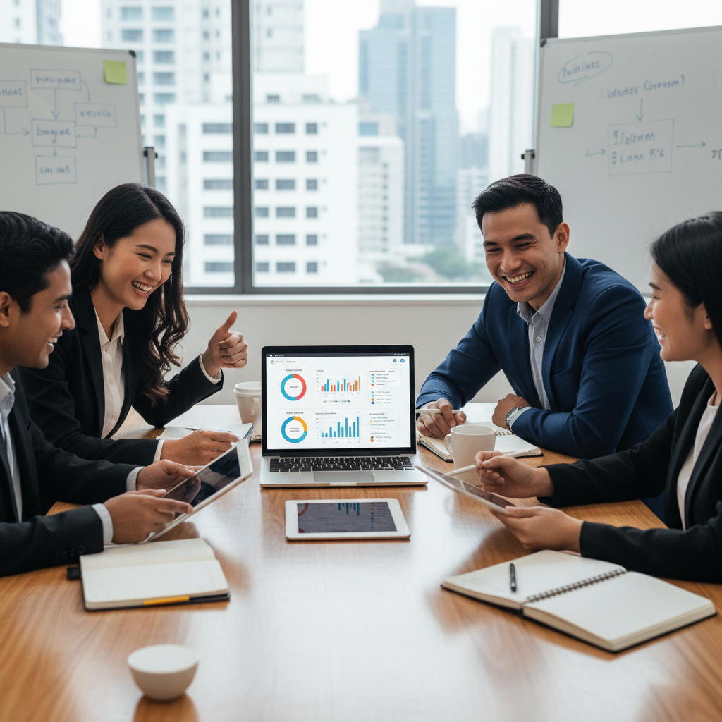 A diverse small business team collaborating happily around a table with laptops and tablets, illustrating seamless customer management with a CRM dashboard visible on one of the screens.