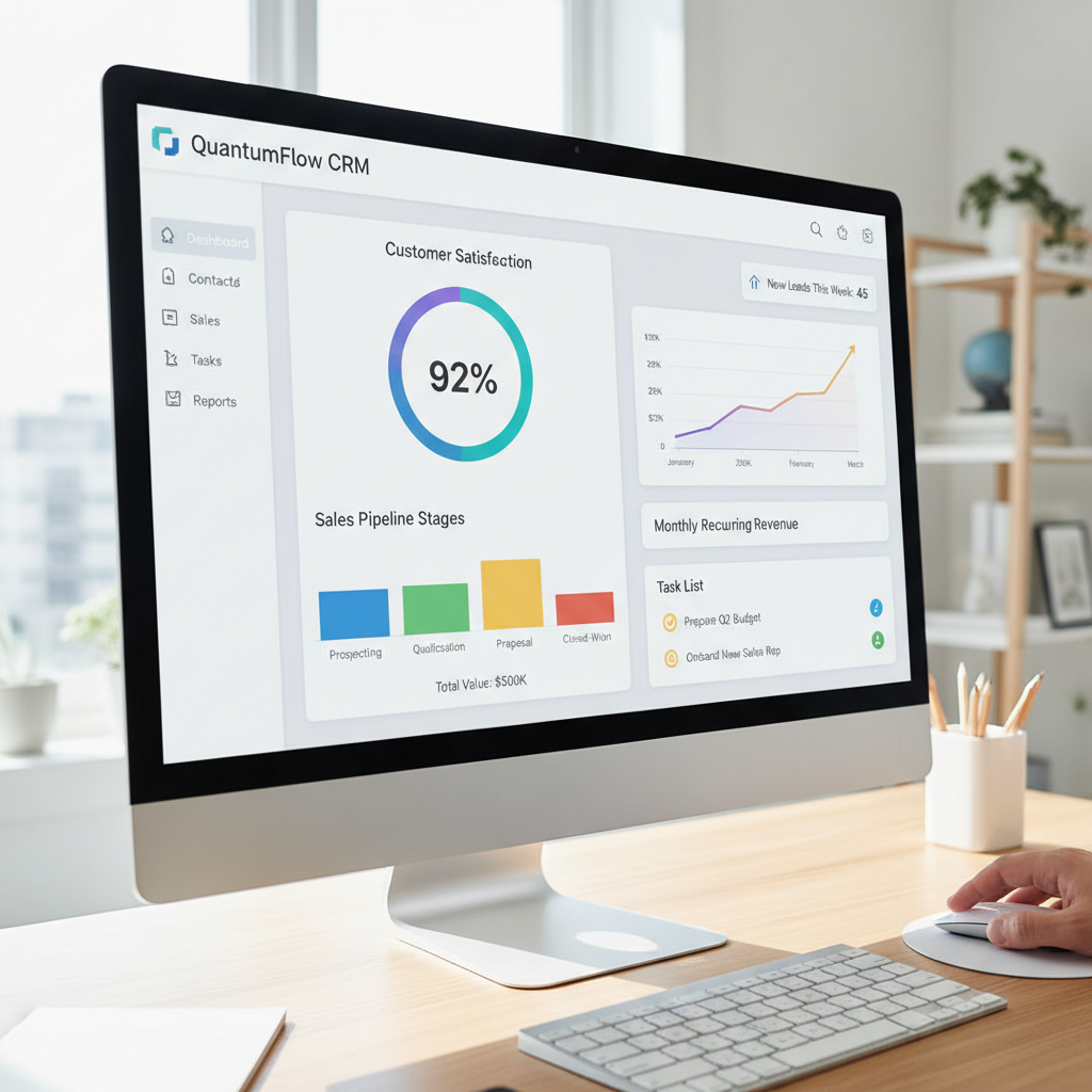 A clean, modern user interface of a CRM software dashboard displaying various customer metrics, sales pipelines, and task lists, ready for use by a small business owner, with vibrant data visualizations.