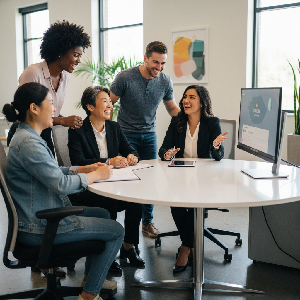 A diverse group of smiling customers interacting happily with a friendly customer service representative in a modern, brightly lit office setting, showcasing personalized service. Photorealistic, high-resolution.