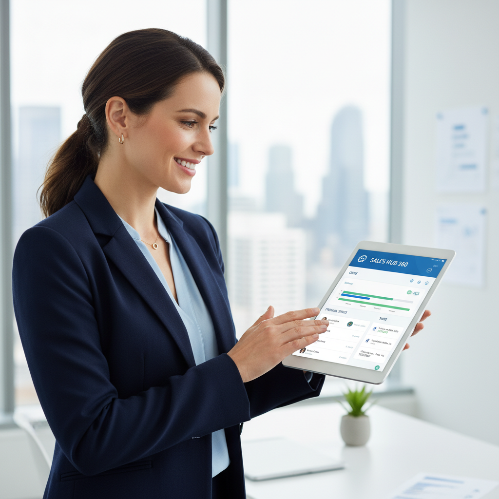 A smiling sales professional, a woman in her 30s, confidently interacting with a modern, sleek CRM dashboard on a tablet. The dashboard displays organized sales leads, pipeline stages, and automated task reminders. Her office background is clean and bright, suggesting efficiency and productivity. Photorealistic style.