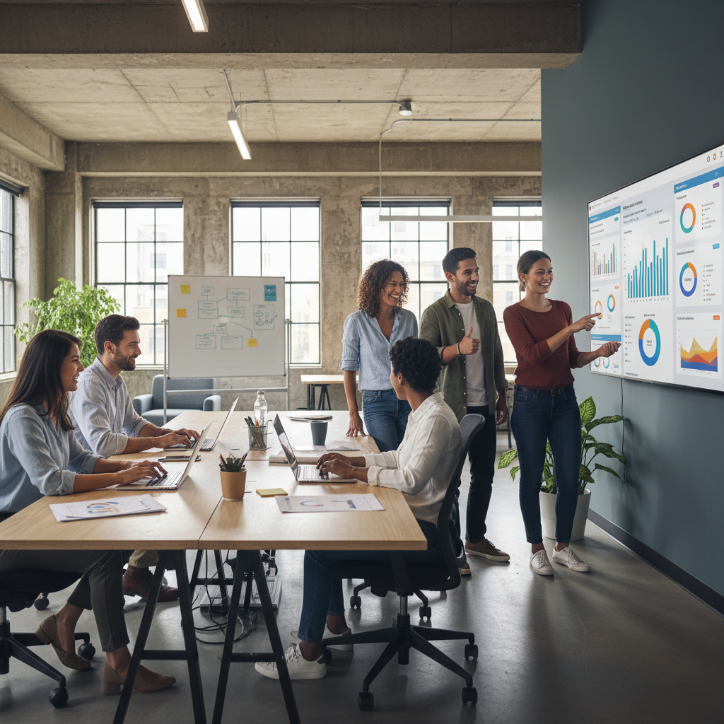 A diverse sales team of 5-6 people, some working on laptops and others discussing around a large monitor displaying a colorful and intuitive CRM dashboard. They are collaborating, smiling, and appear engaged in a modern, open-plan office setting. The atmosphere is dynamic and productive. Photorealistic style.