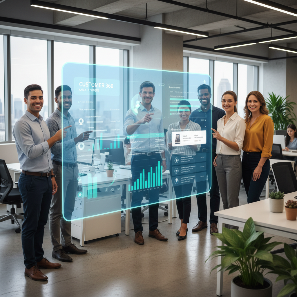 A diverse team of customer service agents smiling and collaboratively looking at a large, futuristic holographic screen displaying a unified customer profile dashboard with charts, contact history, and purchase details. The office environment is modern and bright.