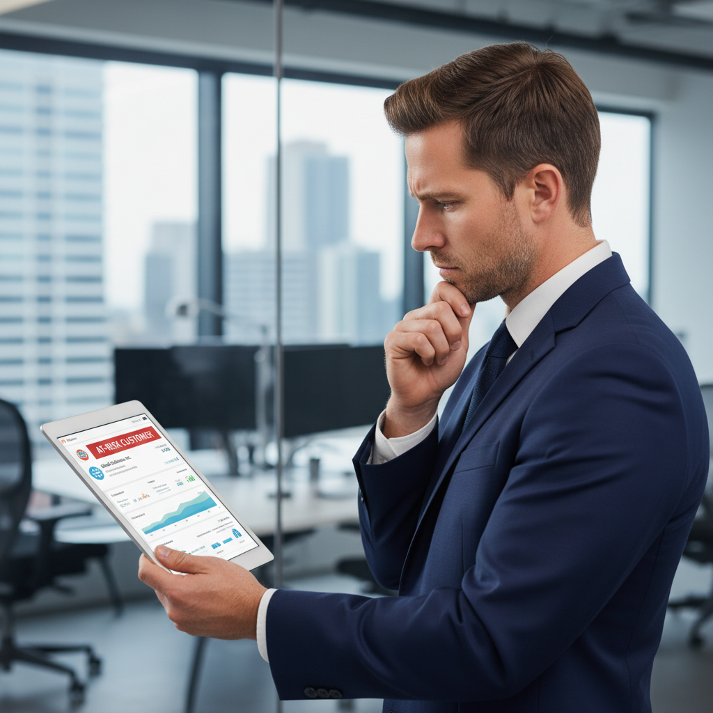 A business professional, mid-30s, looking thoughtfully at a tablet displaying a CRM dashboard with a red alert indicating 