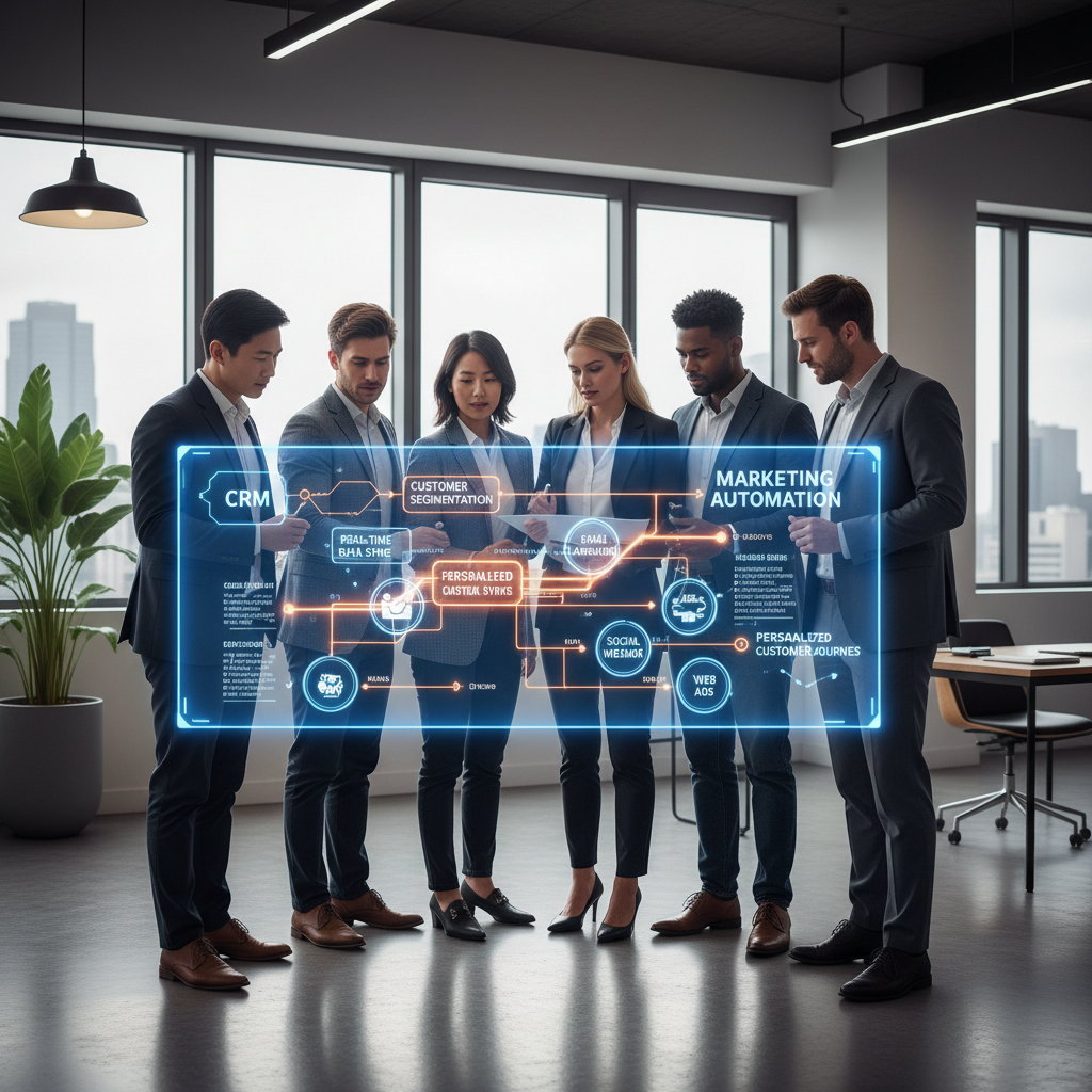 A diverse group of business professionals looking at a glowing, interconnected infographic demonstrating data flow between CRM and Marketing Automation platforms, showing personalized customer journeys. The setting is a modern, bright office, photorealistic.