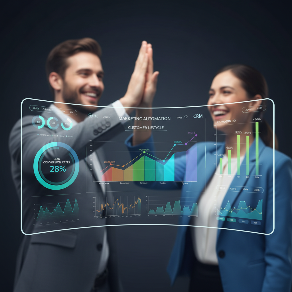 A vibrant dashboard displaying integrated analytics from Marketing Automation and CRM systems, with graphs and charts showing customer lifecycle, lead conversion rates, and campaign ROI. Two business people are smiling and high-fiving in the background, representing success and collaboration. The image should be modern and clean, photorealistic.