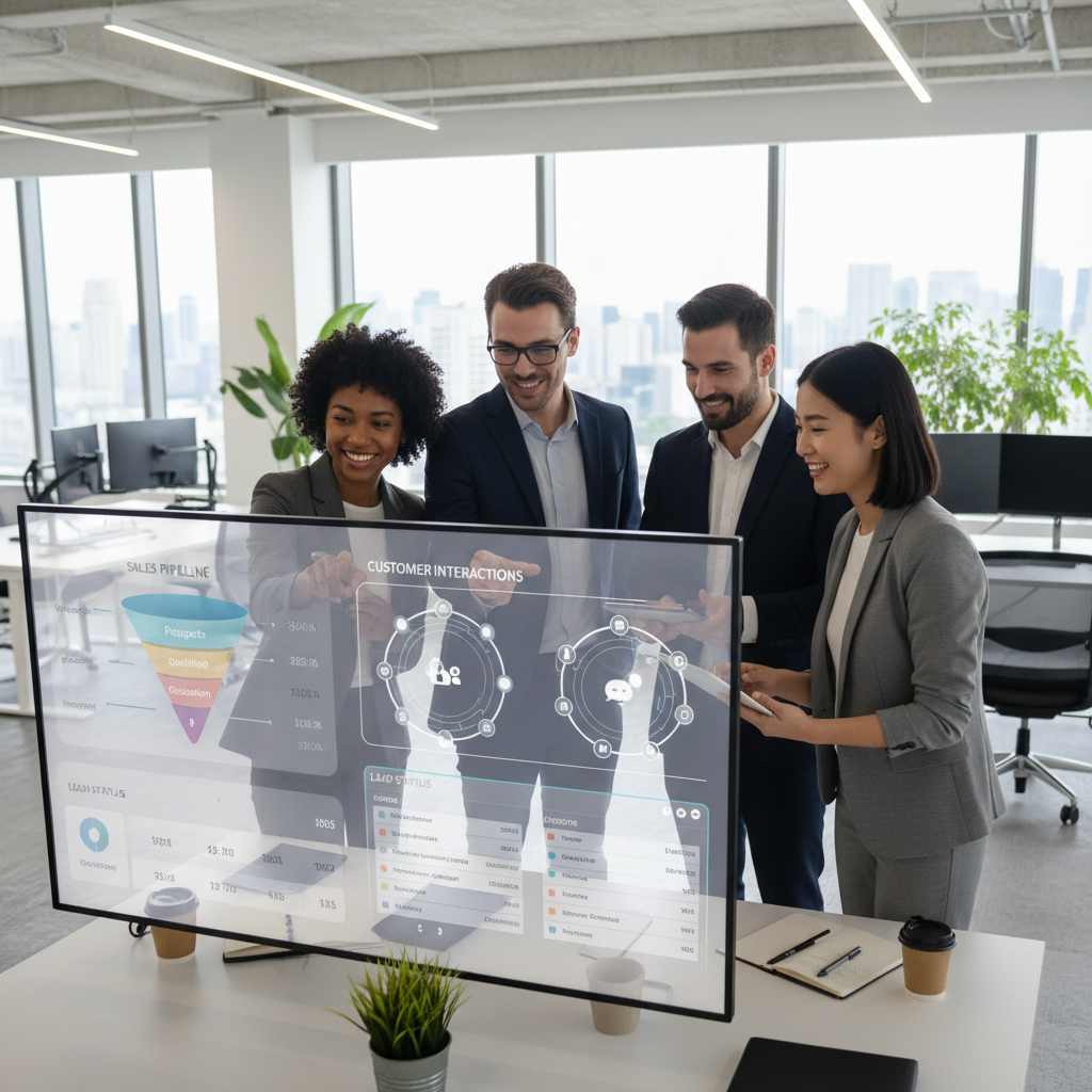 A detailed, photorealistic image of a business team collaboratively looking at a CRM dashboard displayed on a large screen, showing sales pipelines, customer interactions, and lead statuses. The team members are diverse, smiling, and engaged, with a modern office background.