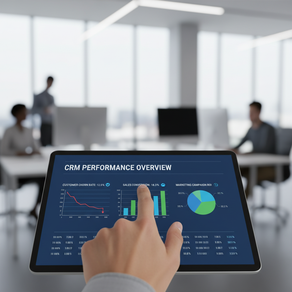 A close-up, photorealistic image of a hand pointing at a detailed analytical report on a tablet, showcasing various CRM metrics like customer churn rate, sales conversion, and marketing campaign ROI. In the background, there's a subtly blurred modern office environment with natural light.