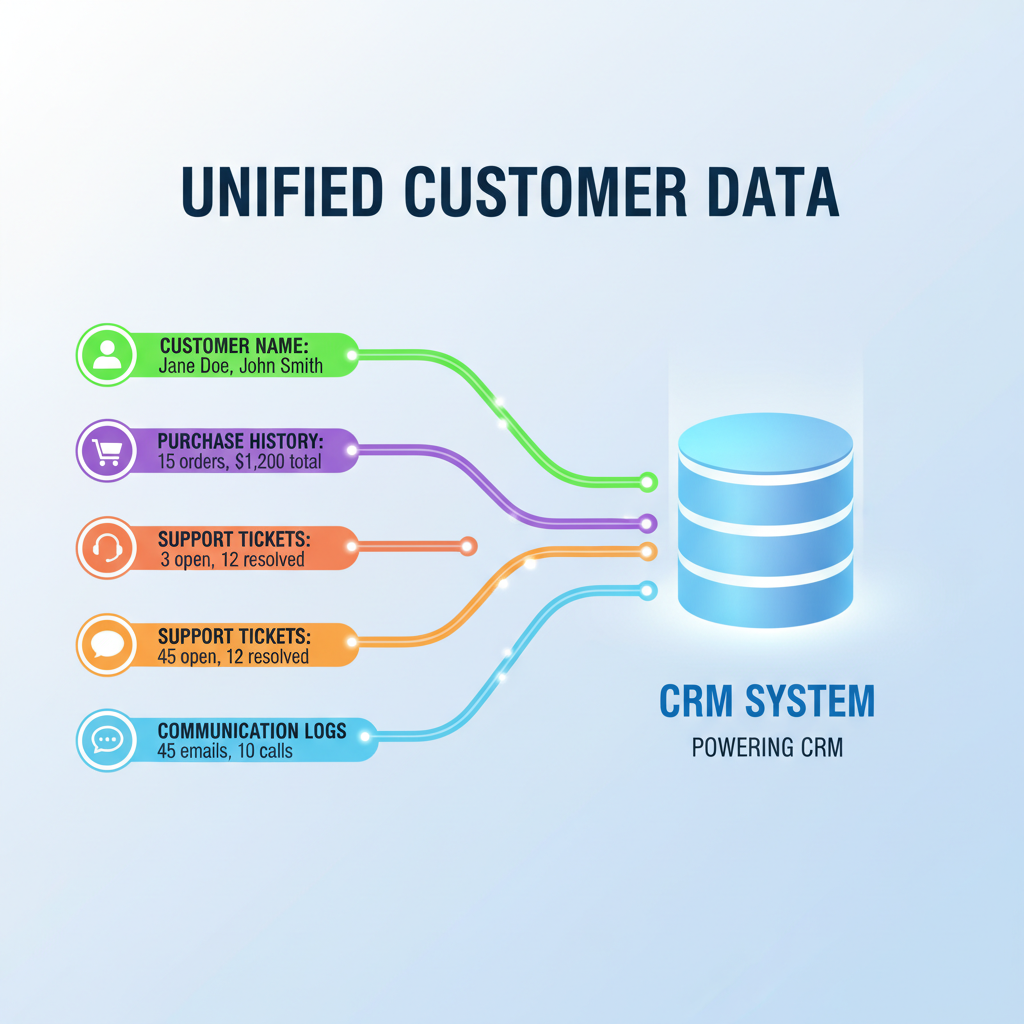 A vibrant, clean infographic showing different data points (customer name, purchase history, support tickets, communication logs) flowing into a central, stylized database icon, representing a CRM system. The overall aesthetic is modern and professional, with a light background.