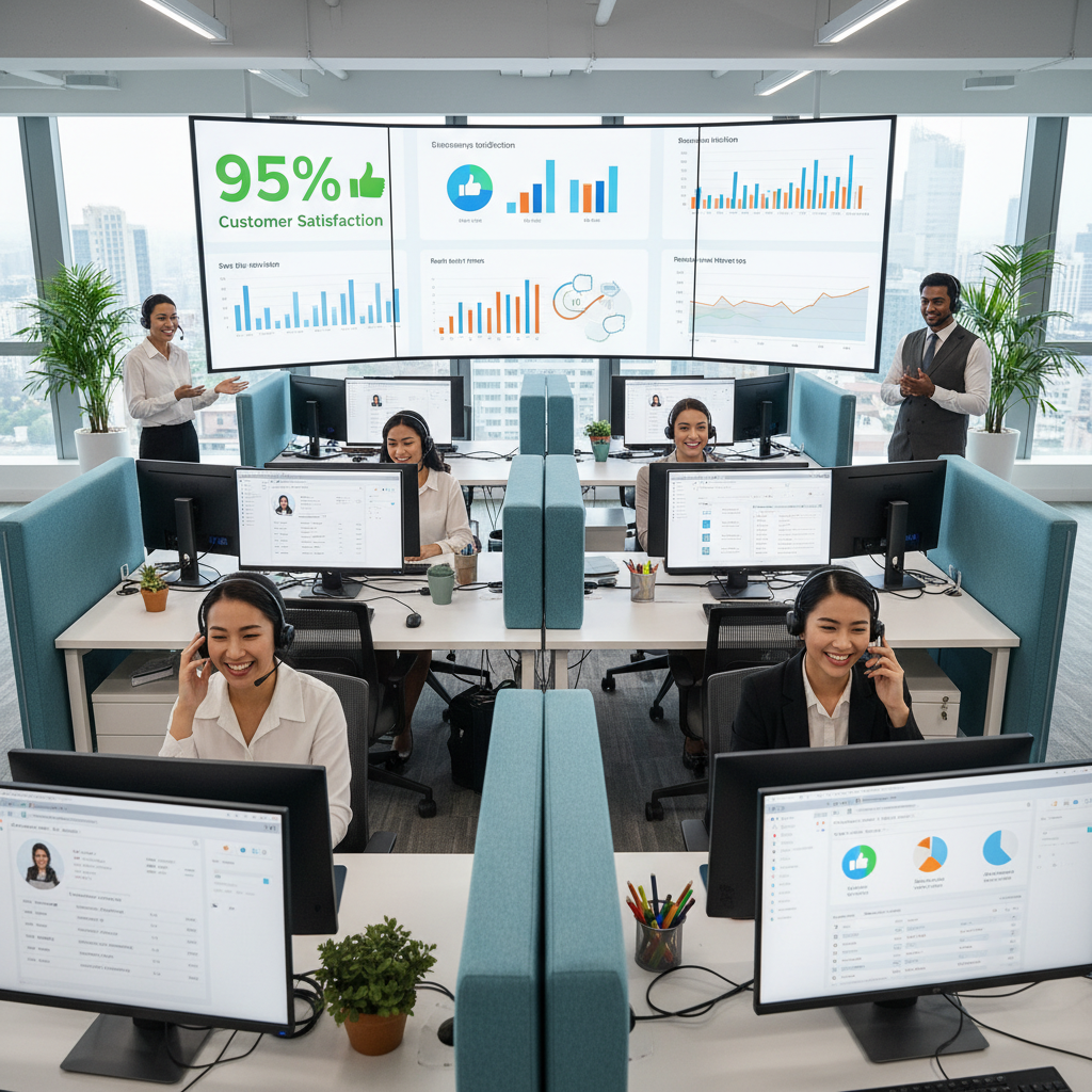 A diverse group of smiling customer service agents in a modern, open-plan office setting, wearing headsets and actively assisting customers using CRM software on their computers. A large monitor in the background displays analytics dashboards with charts and graphs, indicating high customer satisfaction. The scene is bright and collaborative.
