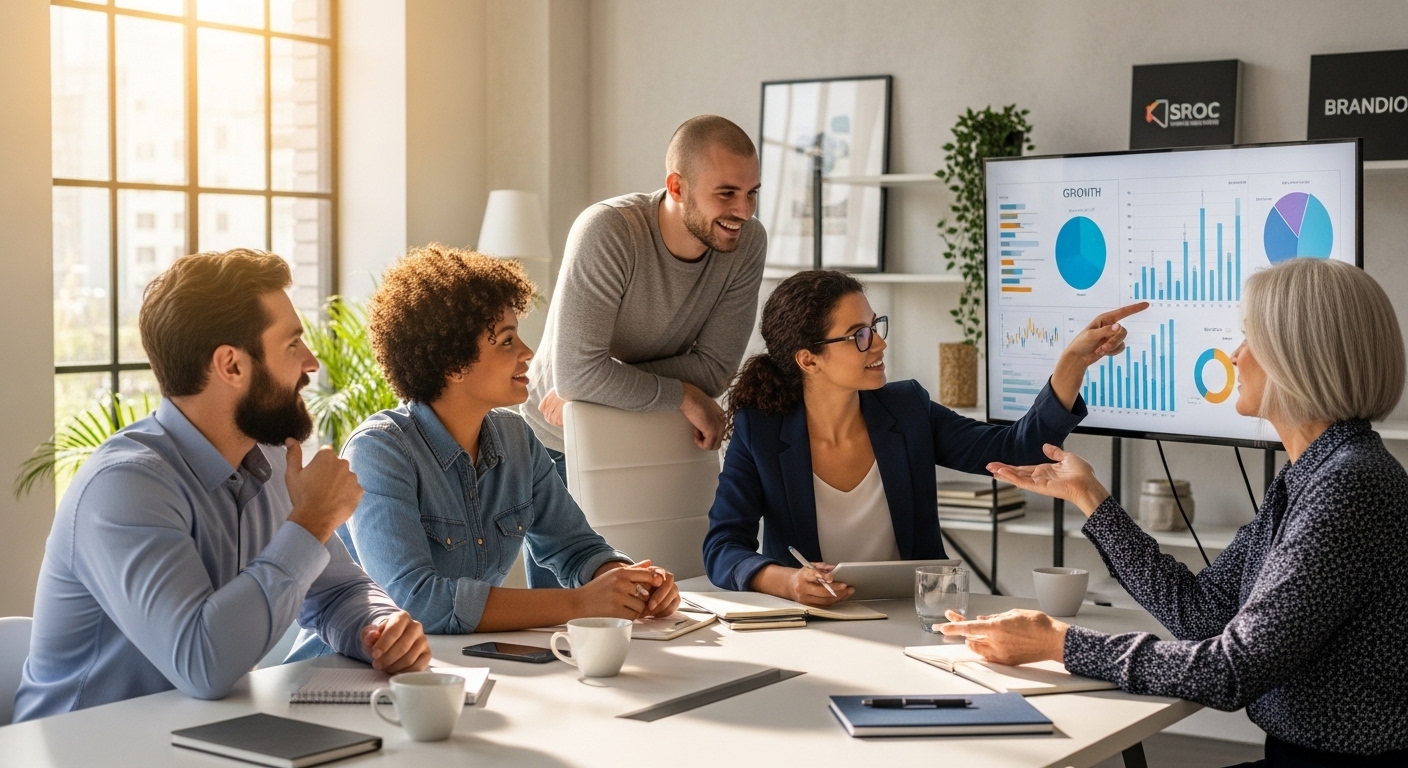 A diverse group of smiling small business owners collaborating efficiently in a modern, bright office, looking at charts and discussing growth strategies, with a clear sense of achievement and teamwork. The image should be photorealistic with natural lighting.