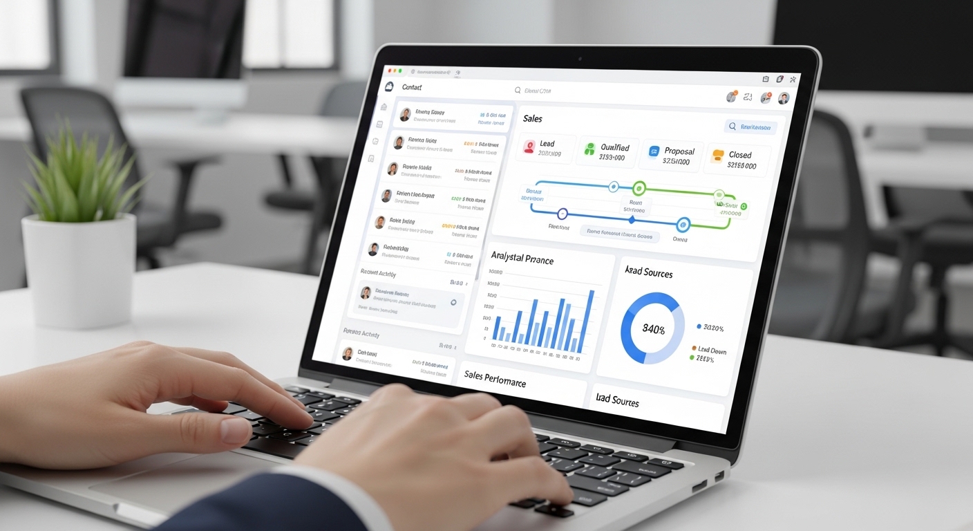 A close-up, photorealistic shot of hands typing on a laptop keyboard, with a modern, clean cloud-based CRM interface visible on the screen. The interface shows a dashboard with contact information, sales pipeline stages, and analytical charts, indicating ease of use and organization. There's a subtle background blur of a modern office environment.