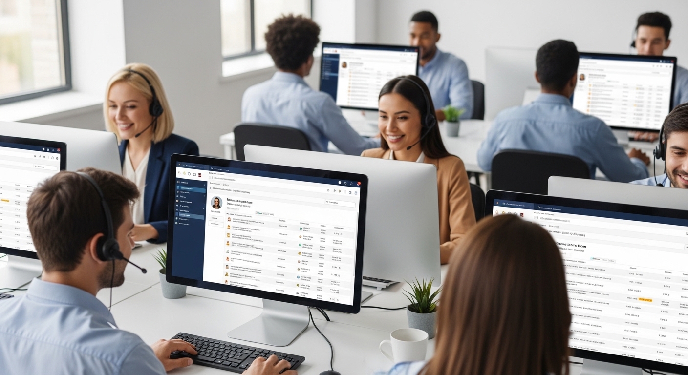 A wide-angle, photorealistic shot of a busy, modern customer support center. Multiple diverse agents are seen at their desks, each with a headset, smiling slightly while looking at their computer screens displaying a detailed CRM interface. The interface shows customer profiles, support ticket queues, and communication logs. The lighting is bright and inviting, creating an atmosphere of efficiency and calm.