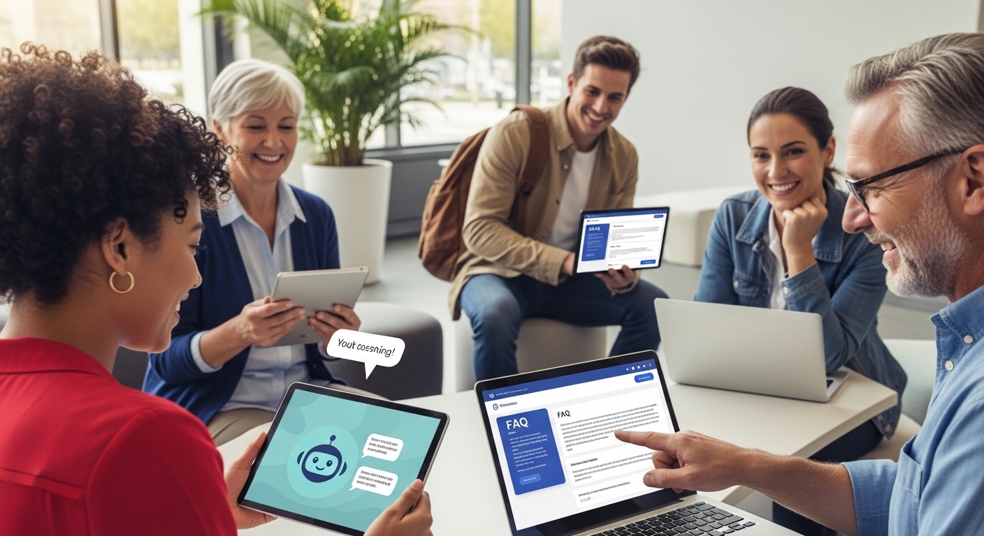 A diverse group of smiling customers from various age groups and backgrounds, happily interacting with a user-friendly self-service portal on tablets and laptops. One customer is chatting with a virtual assistant icon, another is browsing a clean, well-organized FAQ page. The scene is bright and optimistic, showcasing ease of access and customer satisfaction.